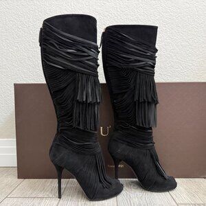 Gucci Becky Suede Fringe Peep Toe Boots Size 37